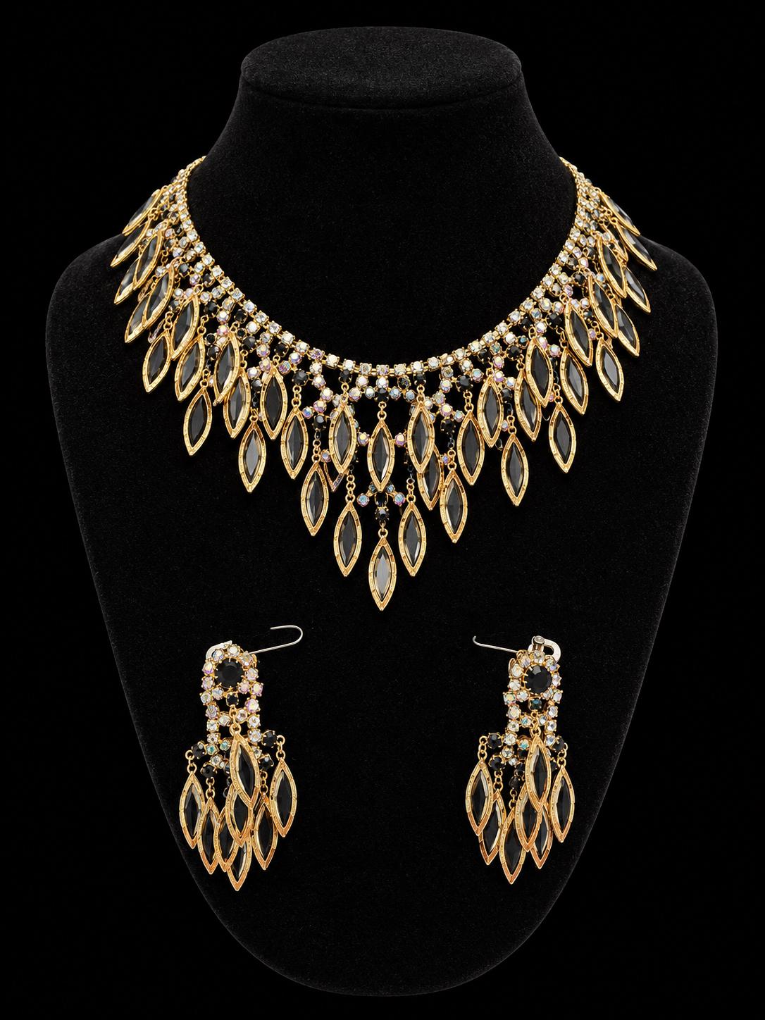 Gold-tone prong-set rhinestone / crystal necklace