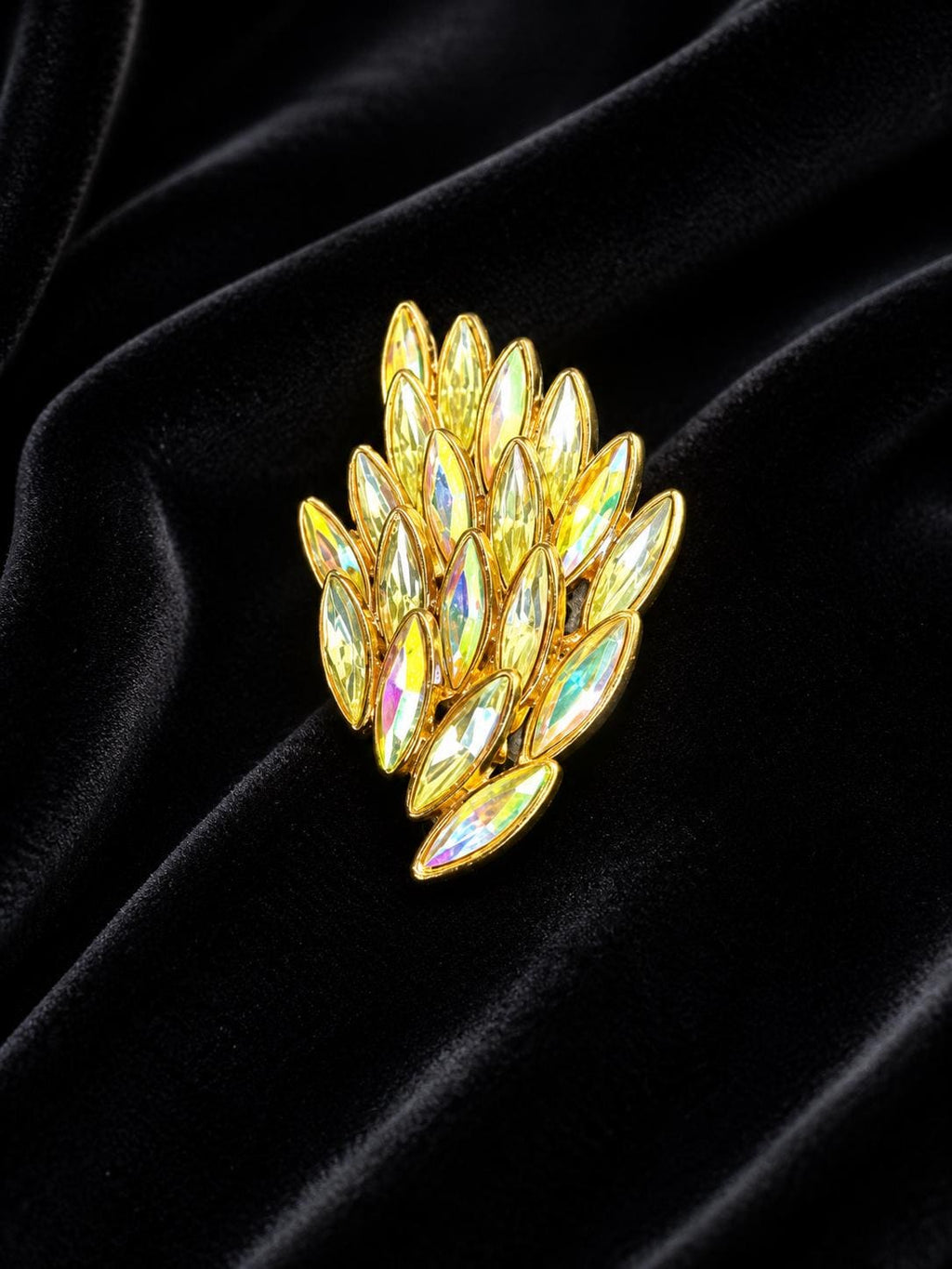 Upcycled Vintage AB Crystal Leaf Brooch Gold Tone Rhinestone Converted Earring Pin