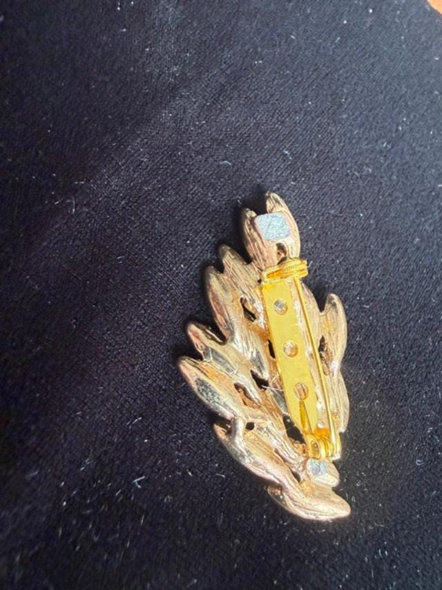 Upcycled Vintage AB Crystal Leaf Brooch Gold Tone Rhinestone Converted Earring Pin