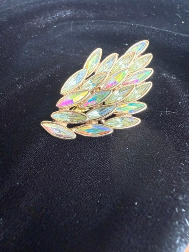 Upcycled Vintage AB Crystal Leaf Brooch Gold Tone Rhinestone Converted Earring Pin