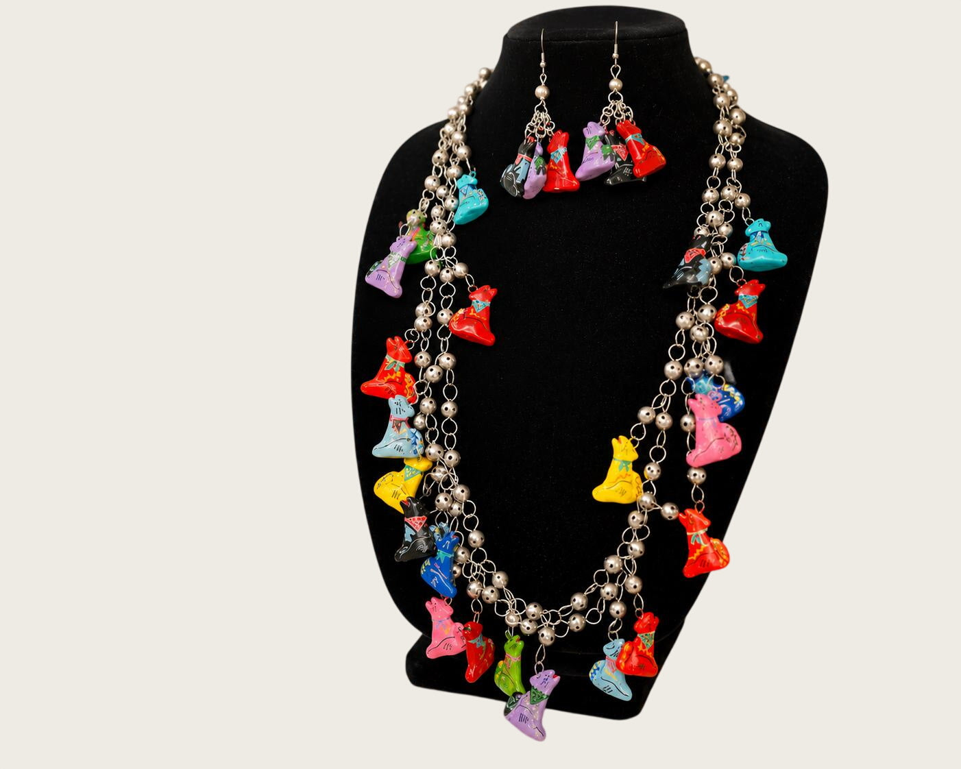 1990s Hand Painted Dog Charm Necklace Earrings Set Colorful Wood Novelty Jewelry