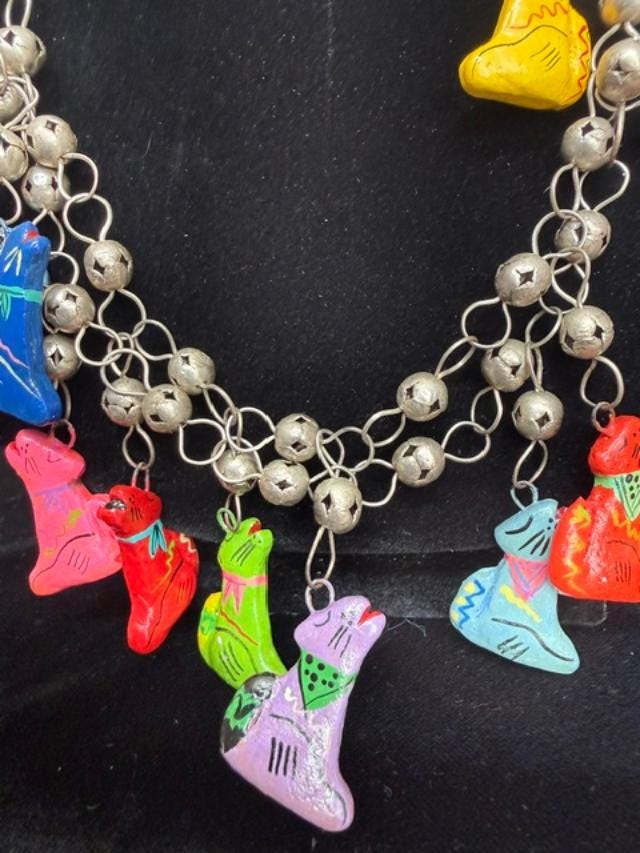 1990s Hand Painted Dog Charm Necklace Earrings Set Colorful Wood Novelty Jewelry