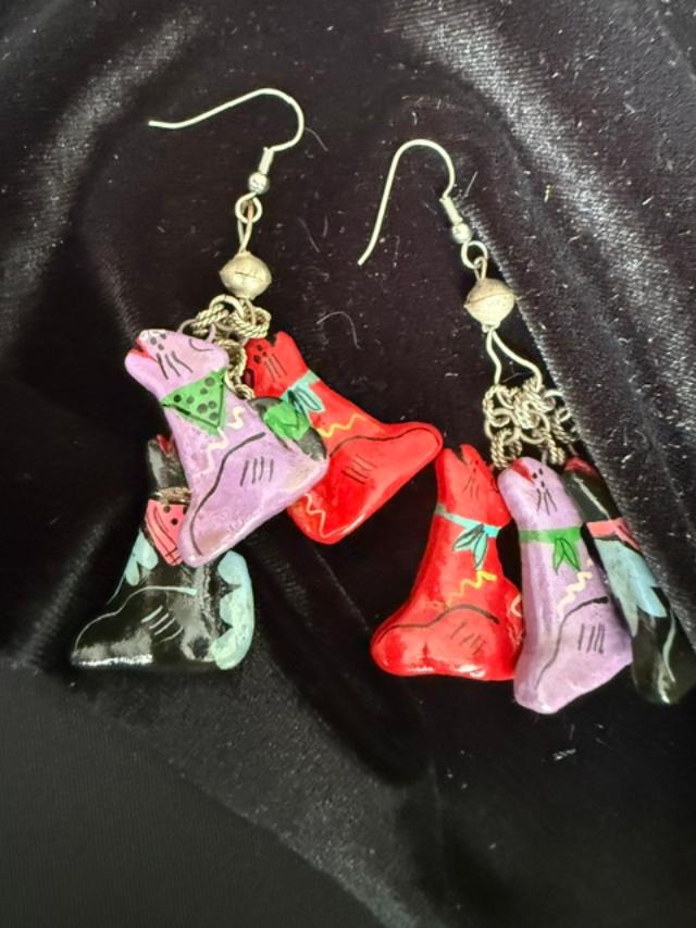 1990s Hand Painted Dog Charm Necklace Earrings Set Colorful Wood Novelty Jewelry