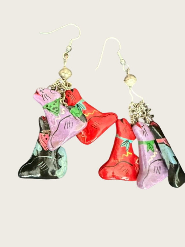 1990s Hand Painted Dog Charm Necklace Earrings Set Colorful Wood Novelty Jewelry