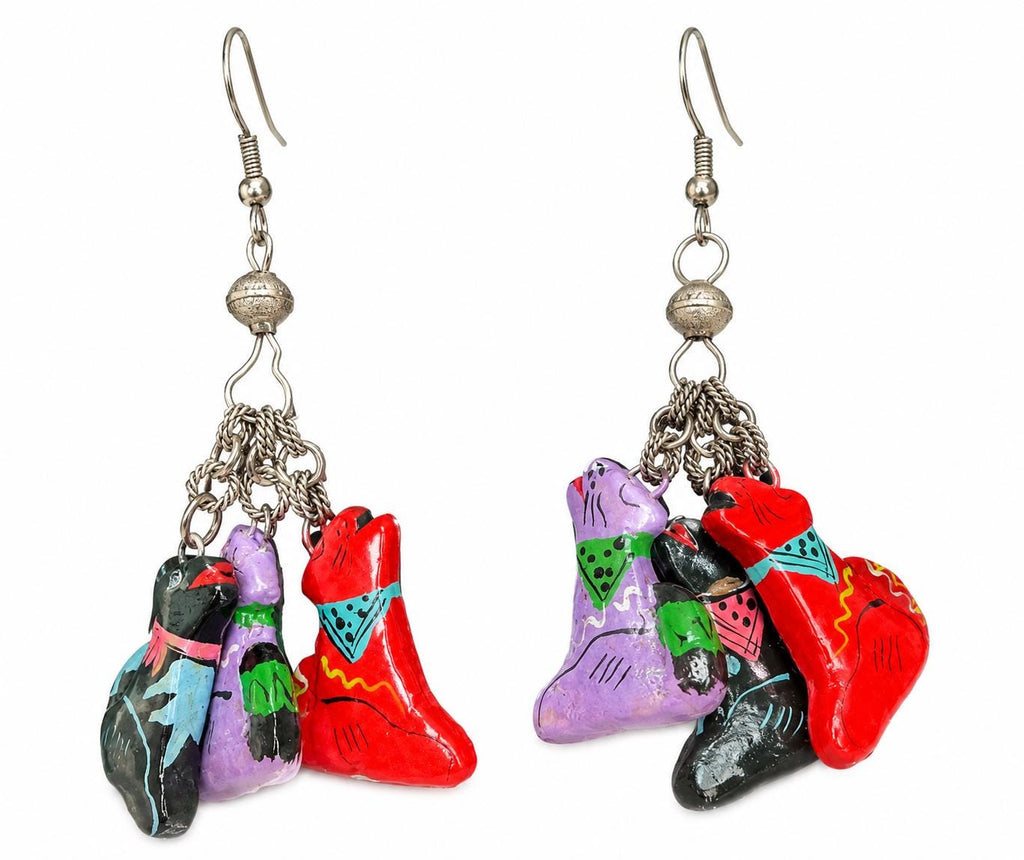 1990s Hand Painted Dog Charm Necklace Earrings Set Colorful Wood Novelty Jewelry