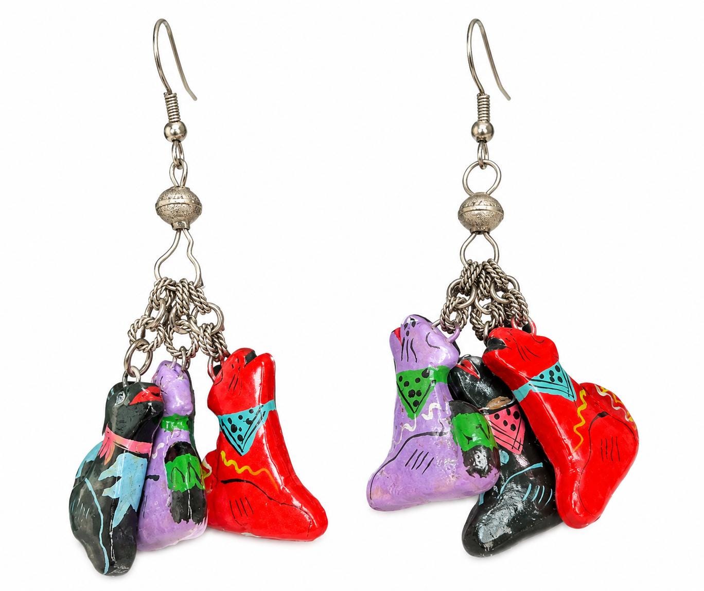 1990s Hand Painted Dog Charm Necklace Earrings Set Colorful Wood Novelty Jewelry