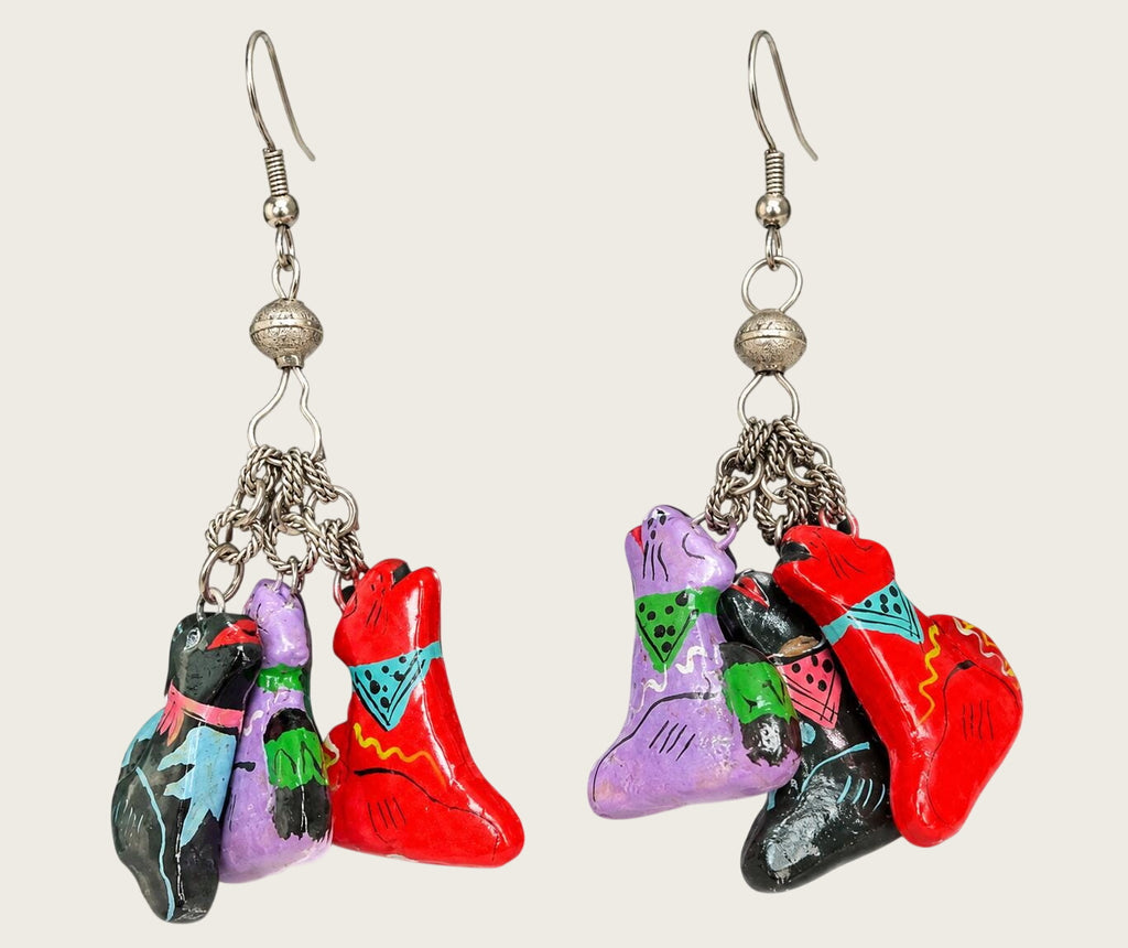 1990s Hand Painted Dog Charm Necklace Earrings Set Colorful Wood Novelty Jewelry
