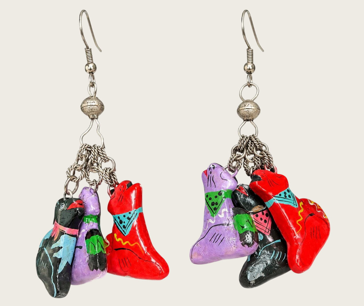 1990s Hand Painted Dog Charm Necklace Earrings Set Colorful Wood Novelty Jewelry