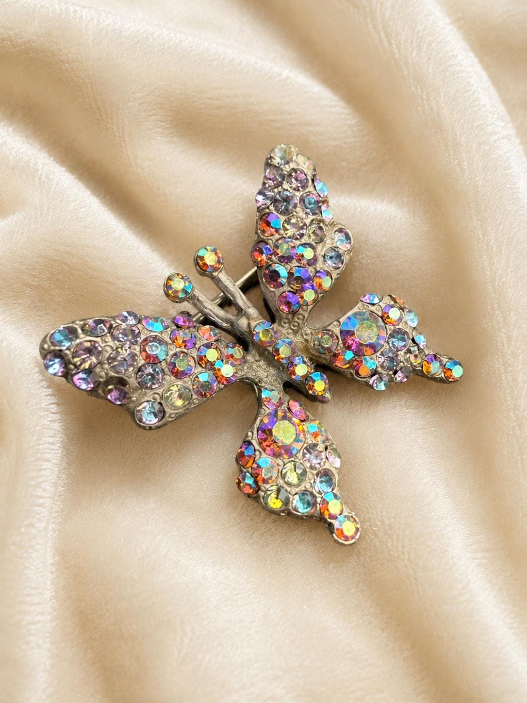 Vintage Aurora Borealis Rhinestone Butterfly Brooch 1 Inch Silver Tone Sparkle Pin