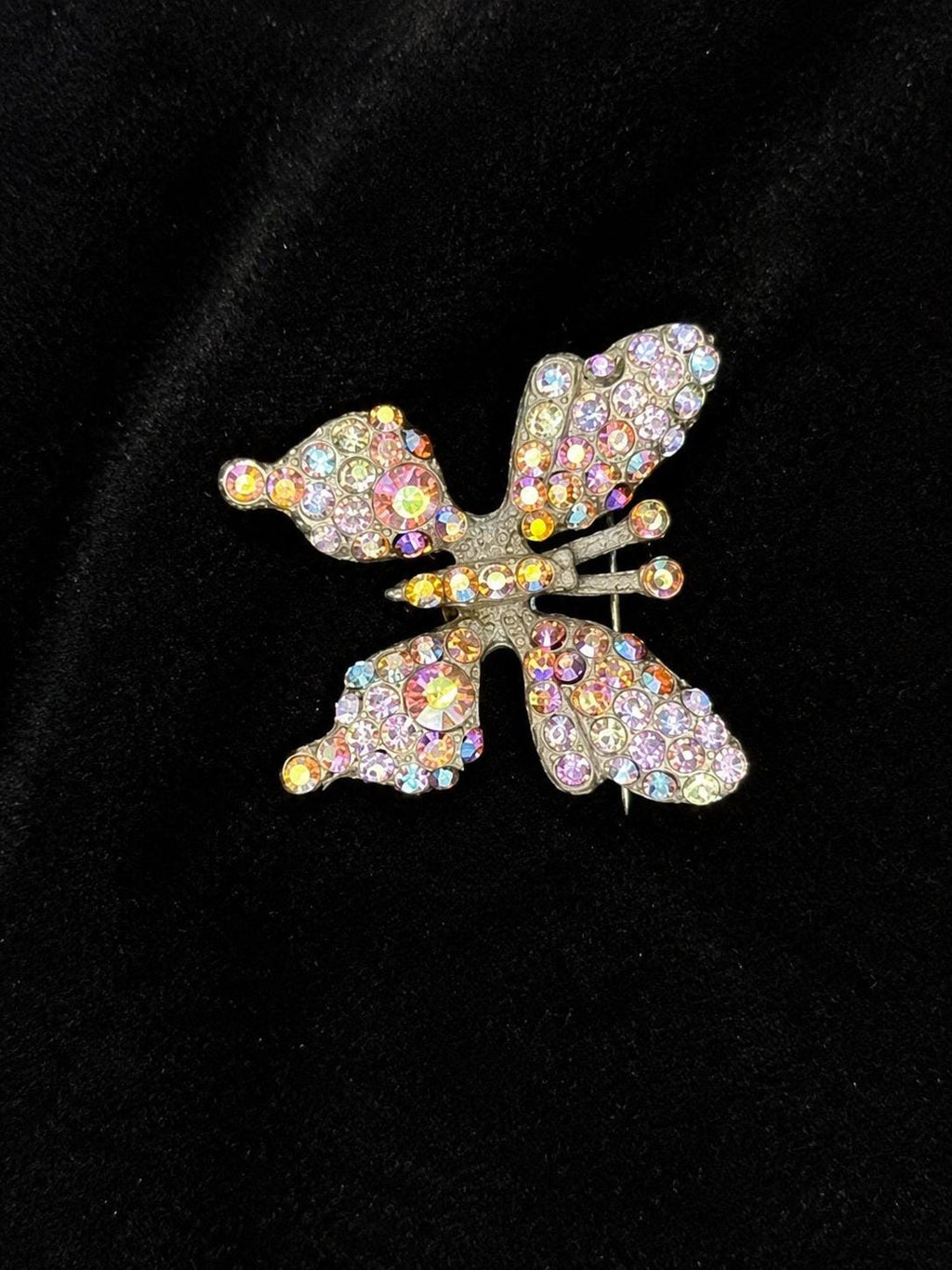 Vintage Aurora Borealis Rhinestone Butterfly Brooch 1 Inch Silver Tone Sparkle Pin