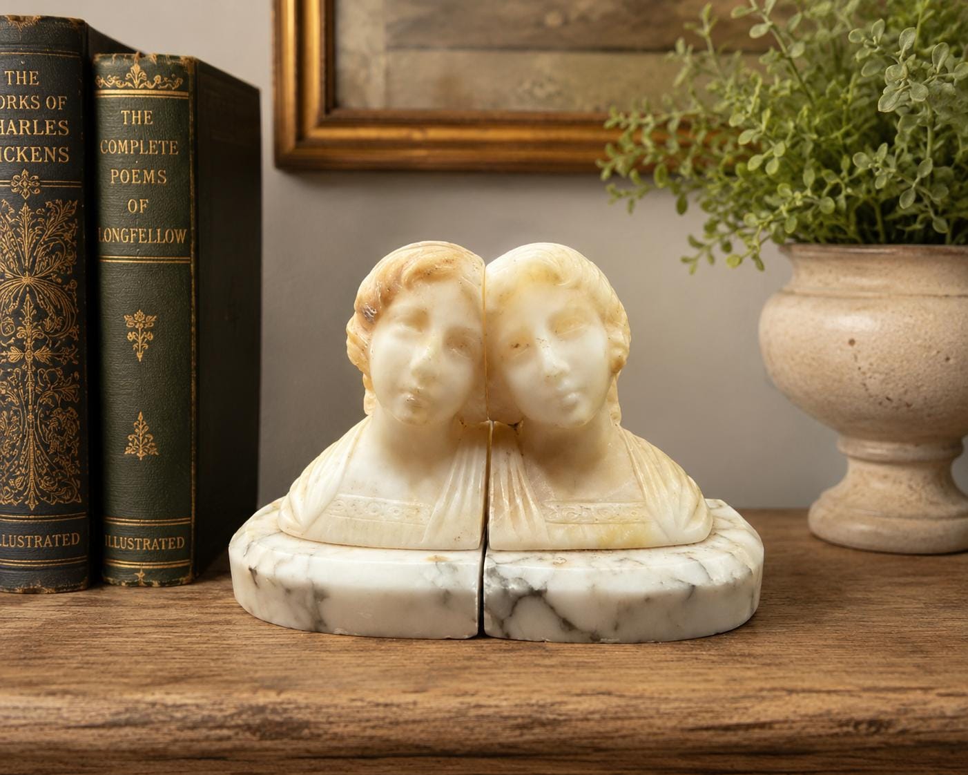 Vintage Art Deco Carved Alabaster Lady Bust Bookends Pair Marble Base Early 20th Century