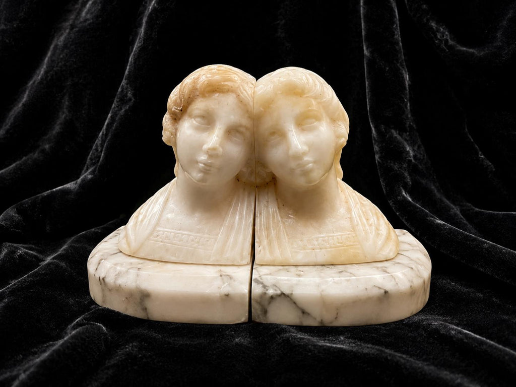 Vintage Art Deco Carved Alabaster Lady Bust Bookends Pair Marble Base Early 20th Century