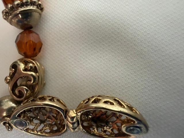 Vintage Amber Bead Stretch Bracelet With Gold Tone Filigree Charm Dangle