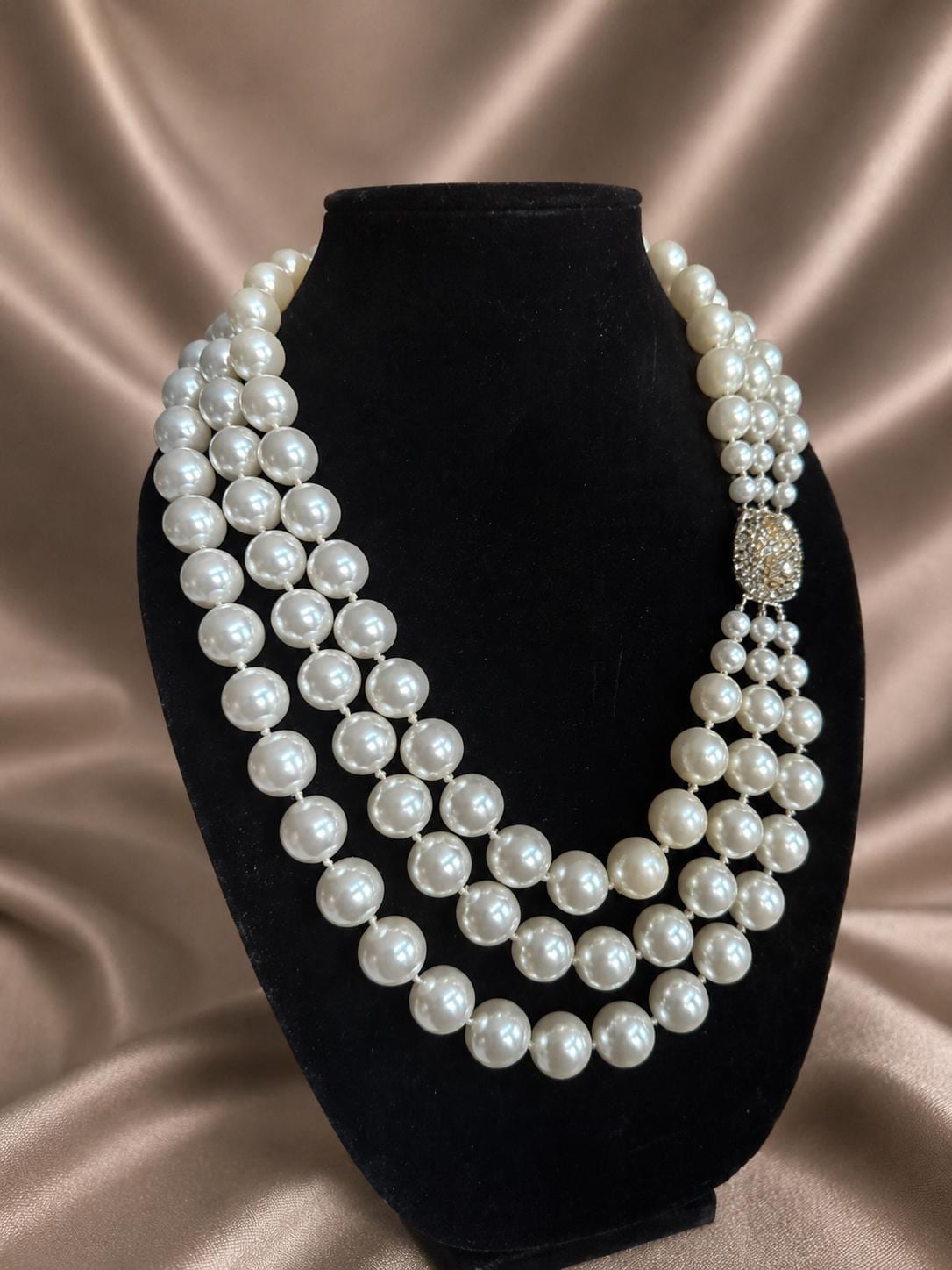 1950s Faux Pearl Necklace, Graduated Strands, Rhinestone Clasp, 24 Inch Statement Piece