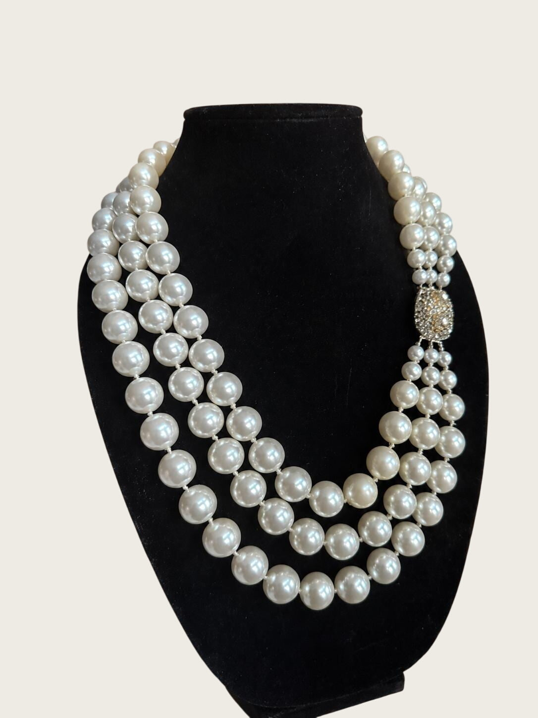 1950s Faux Pearl Necklace, Graduated Strands, Rhinestone Clasp, 24 Inch Statement Piece