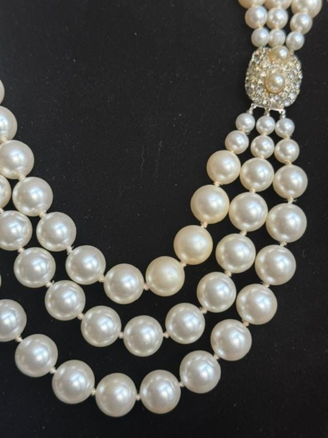 1950s Faux Pearl Necklace, Graduated Strands, Rhinestone Clasp, 24 Inch Statement Piece