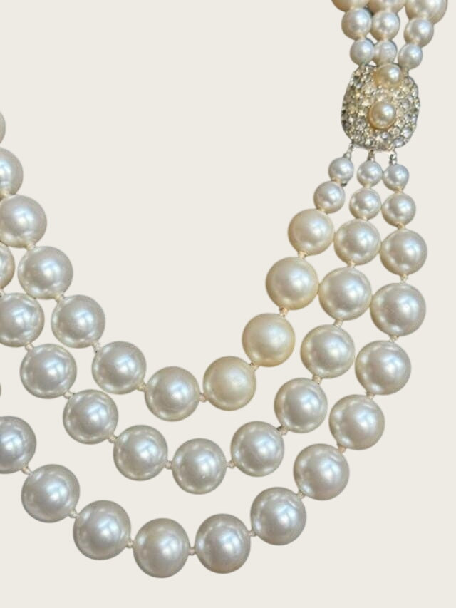1950s Faux Pearl Necklace, Graduated Strands, Rhinestone Clasp, 24 Inch Statement Piece