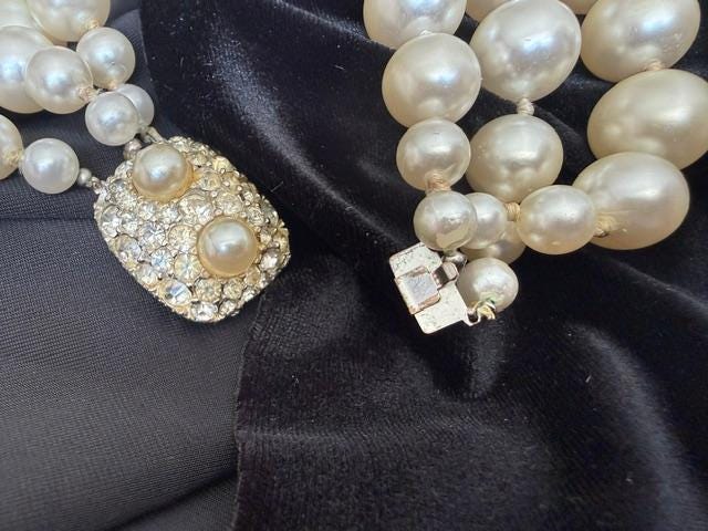 1950s Faux Pearl Necklace, Graduated Strands, Rhinestone Clasp, 24 Inch Statement Piece