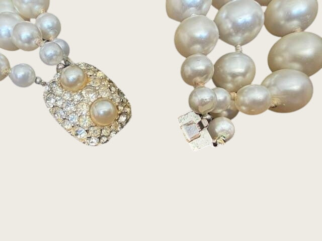 1950s Faux Pearl Necklace, Graduated Strands, Rhinestone Clasp, 24 Inch Statement Piece