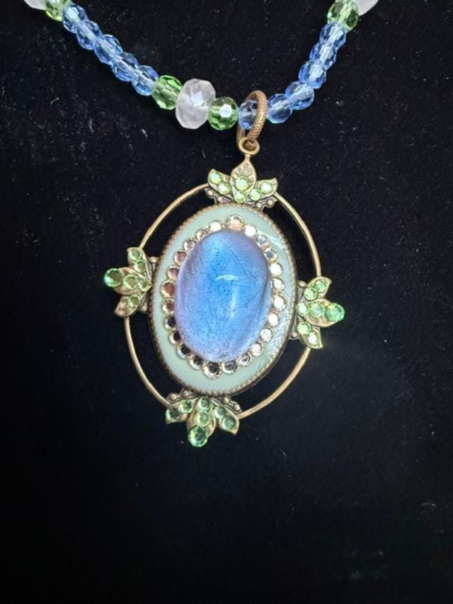 Vintage Anne Koplik Blue Art Glass Cabochon Crystal Beaded Pendant Necklace