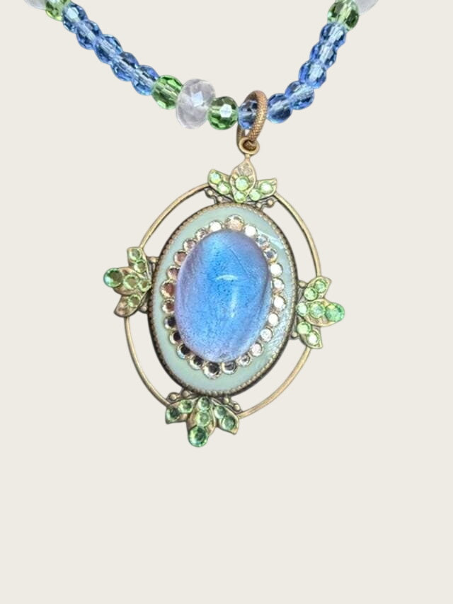 Vintage Anne Koplik Blue Art Glass Cabochon Crystal Beaded Pendant Necklace