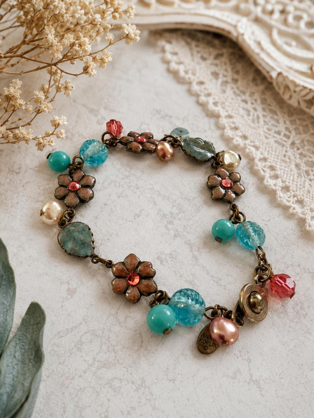 Vintage Anne Koplik Floral Charm Bracelet Aqua Pink Glass Beads Signed