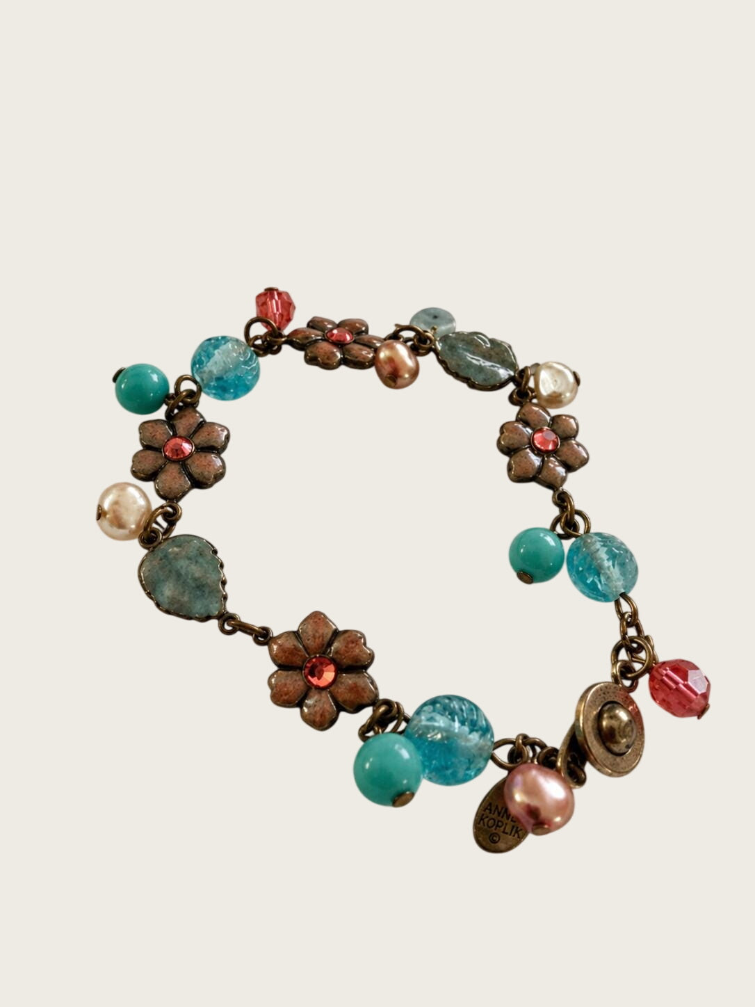 Vintage Anne Koplik Floral Charm Bracelet Aqua Pink Glass Beads Signed