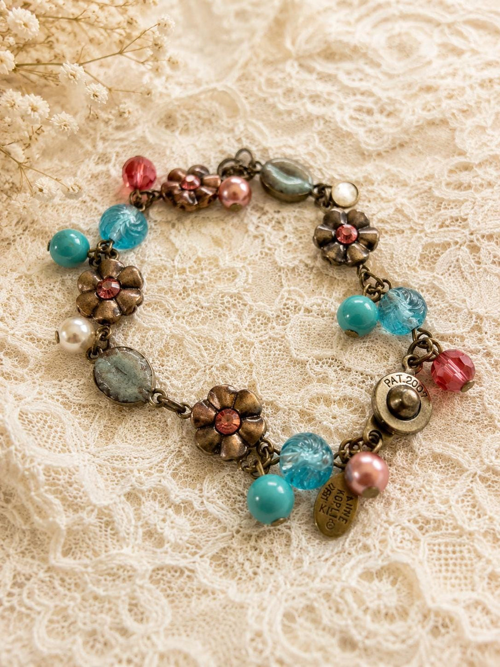 Vintage Anne Koplik Floral Charm Bracelet Aqua Pink Glass Beads Signed