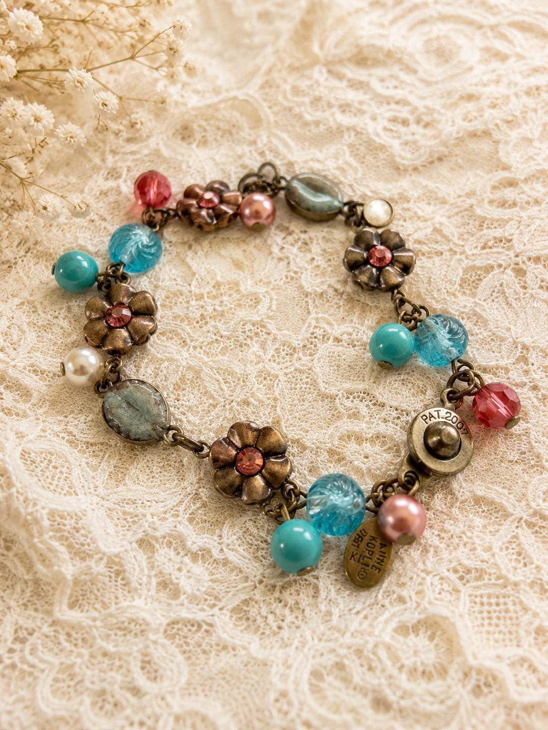 Vintage Anne Koplik Floral Charm Bracelet Aqua Pink Glass Beads Signed