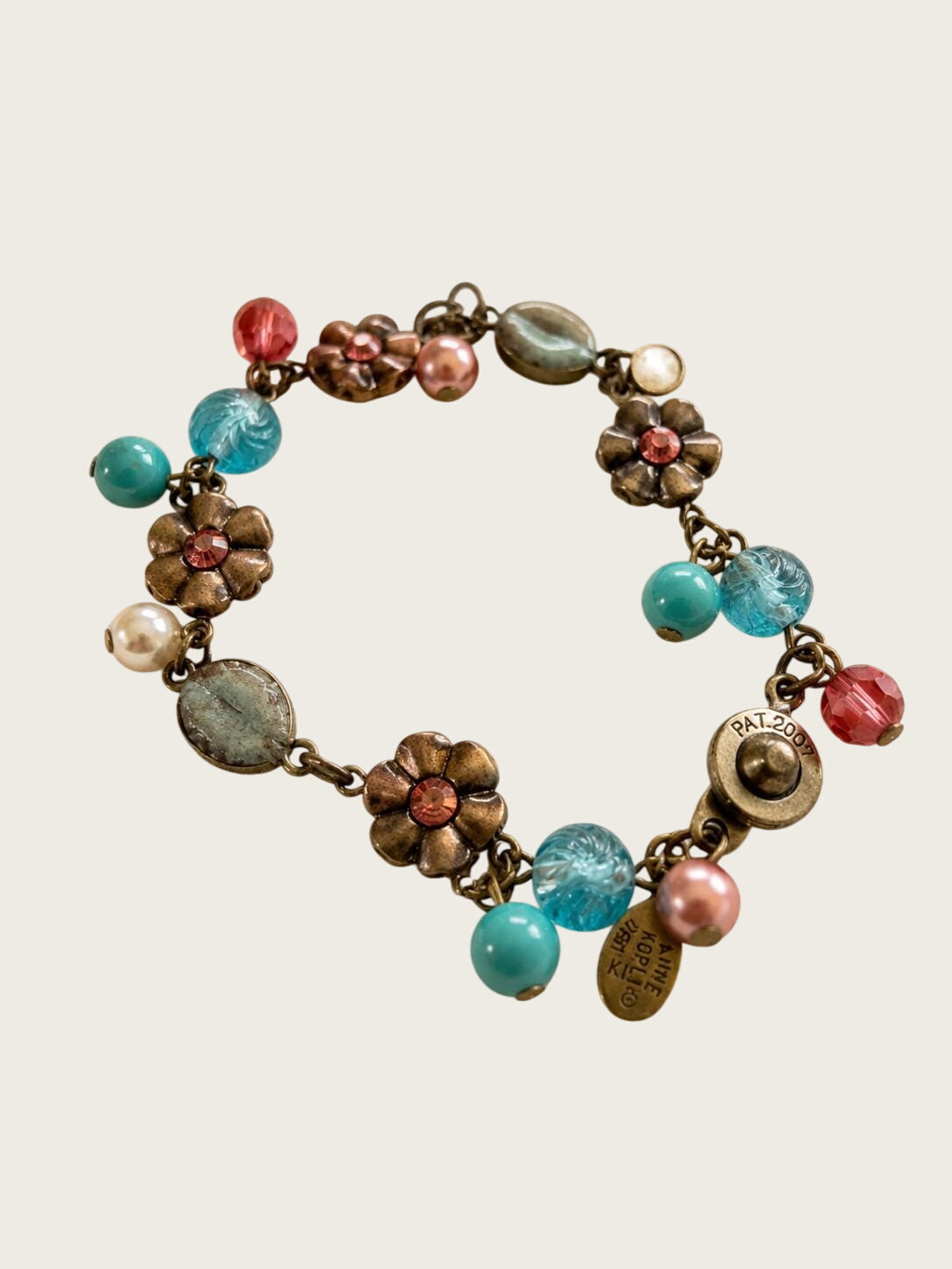 Vintage Anne Koplik Floral Charm Bracelet Aqua Pink Glass Beads Signed