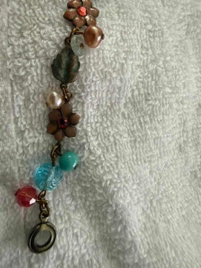 Vintage Anne Koplik Floral Charm Bracelet Aqua Pink Glass Beads Signed