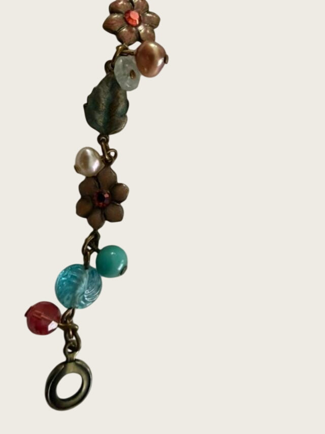 Vintage Anne Koplik Floral Charm Bracelet Aqua Pink Glass Beads Signed