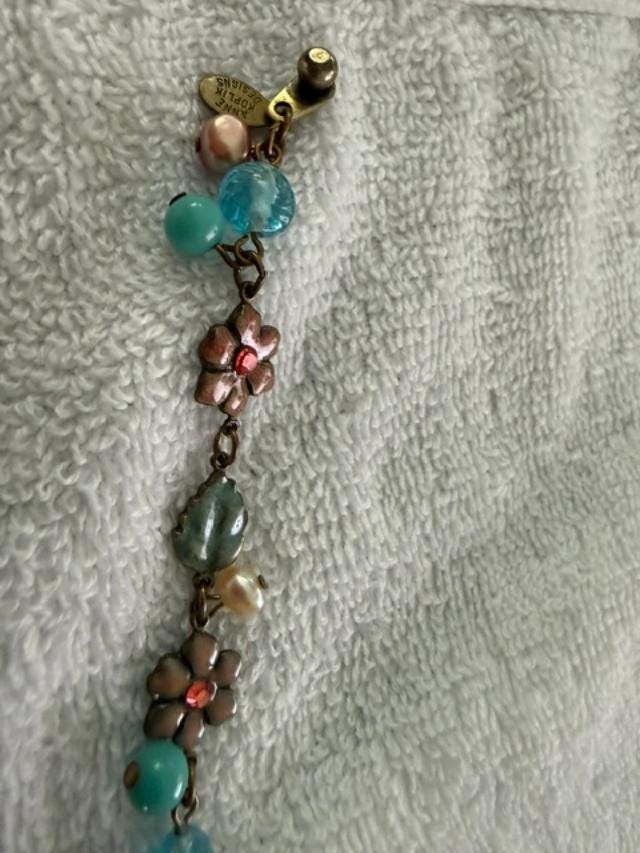Vintage Anne Koplik Floral Charm Bracelet Aqua Pink Glass Beads Signed