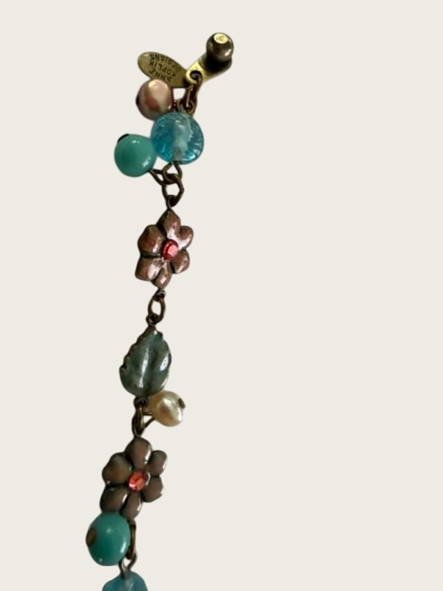 Vintage Anne Koplik Floral Charm Bracelet Aqua Pink Glass Beads Signed