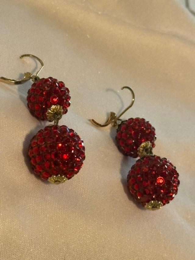 Vintage Red Rhinestone Fireball Double Drop Earrings, 2 Inch Pierced Dangles, Gold Tone
