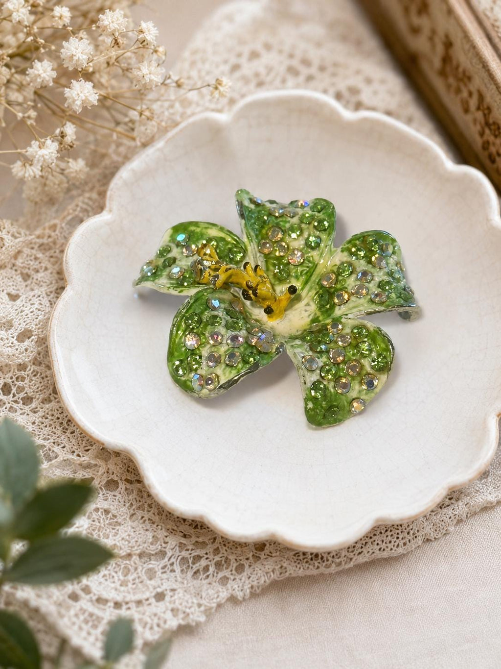 Green Flower  Brooch Rhinestone AB Crystal Pin 2 Inch