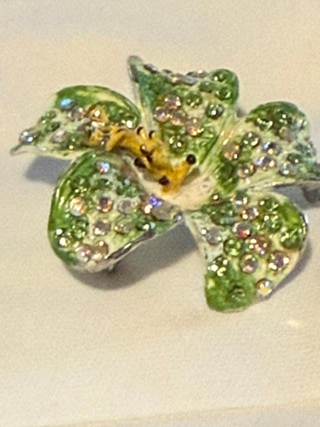 Green Flower  Brooch Rhinestone AB Crystal Pin 2 Inch