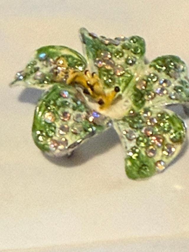Green Flower  Brooch Rhinestone AB Crystal Pin 2 Inch