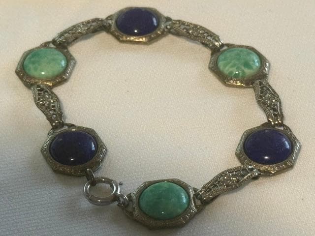 Vintage Blue Green Cabochon Bracelet Silver Tone Filigree Panel Links