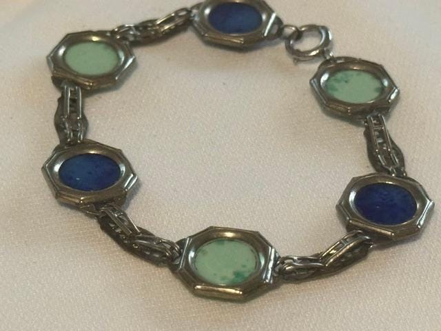 Vintage Blue Green Cabochon Bracelet Silver Tone Filigree Panel Links