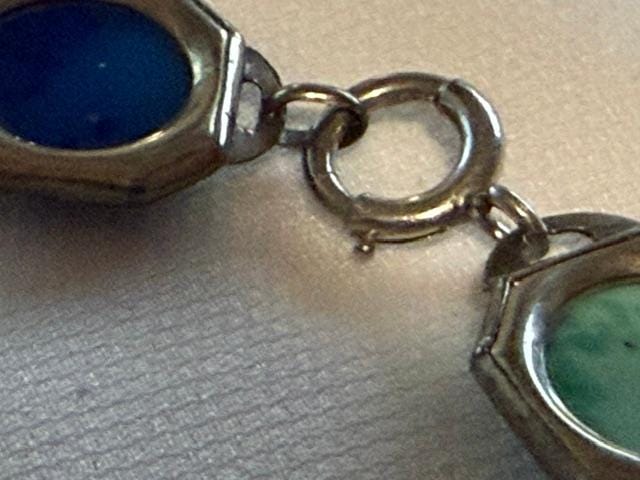 Vintage Blue Green Cabochon Bracelet Silver Tone Filigree Panel Links
