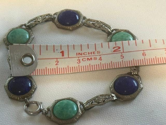 Vintage Blue Green Cabochon Bracelet Silver Tone Filigree Panel Links