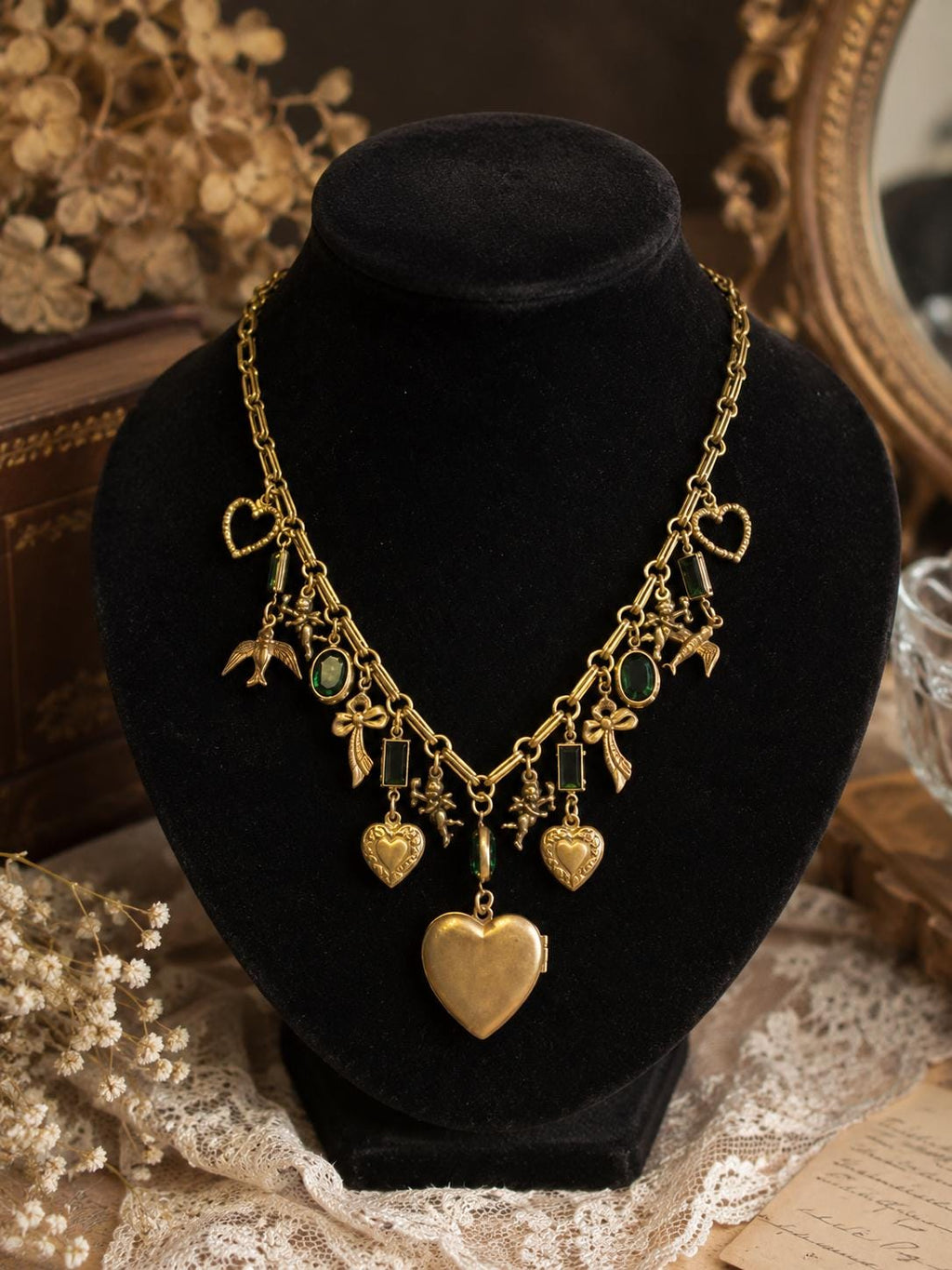 Vintage Sadie Green Signed Green Glass Charm Necklace Heart Lockets Victorian Revival Gold Tone