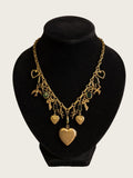 Vintage Sadie Green Signed Green Glass Charm Necklace Heart Lockets Victorian Revival Gold Tone