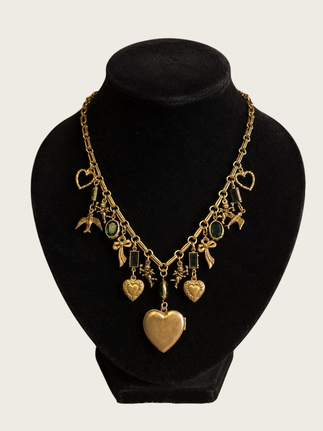 Vintage Sadie Green Signed Green Glass Charm Necklace Heart Lockets Victorian Revival Gold Tone