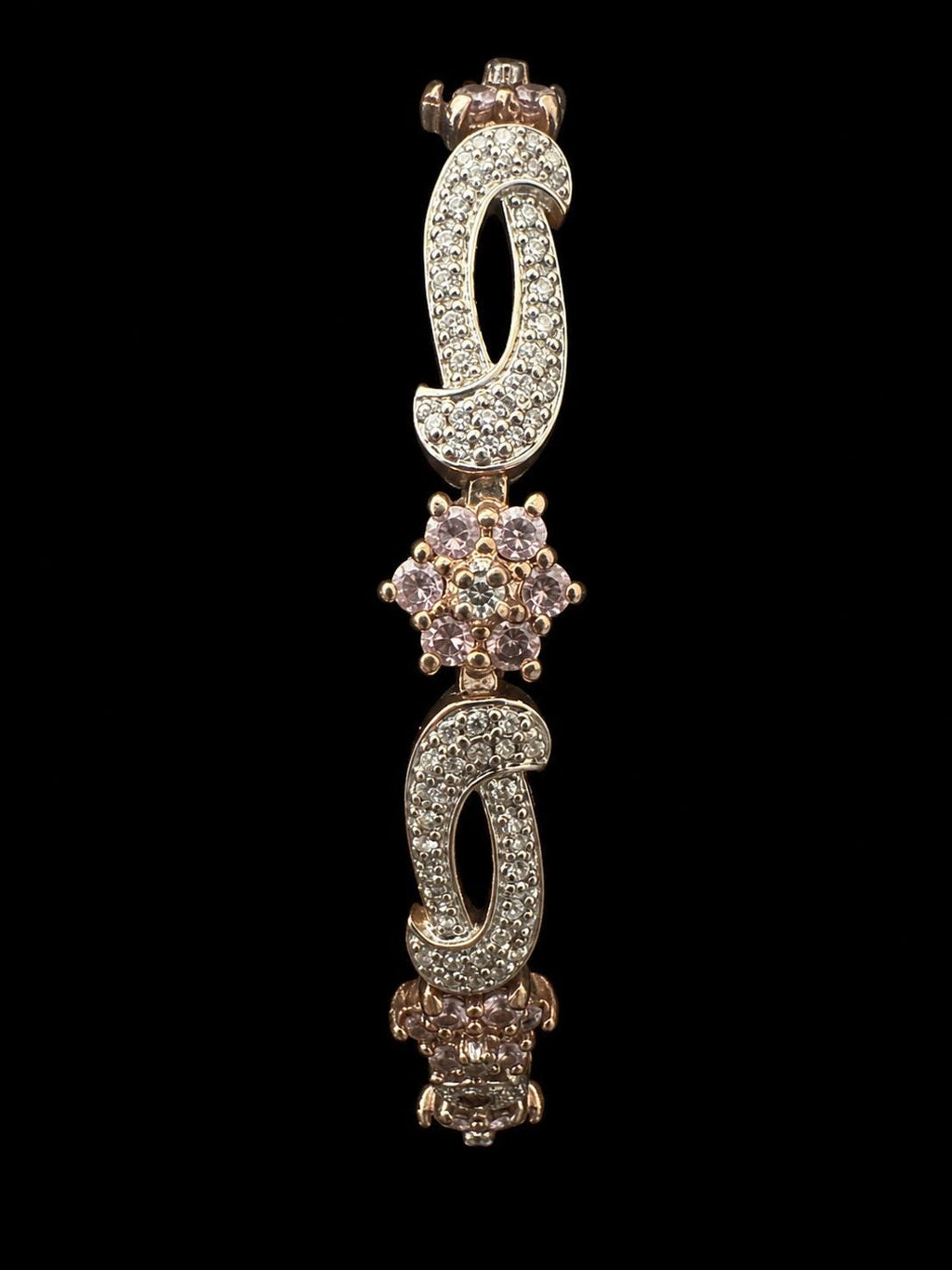 Vintage Ross-Simons Sterling Silver Pink CZ Floral Link Bracelet 7.5"