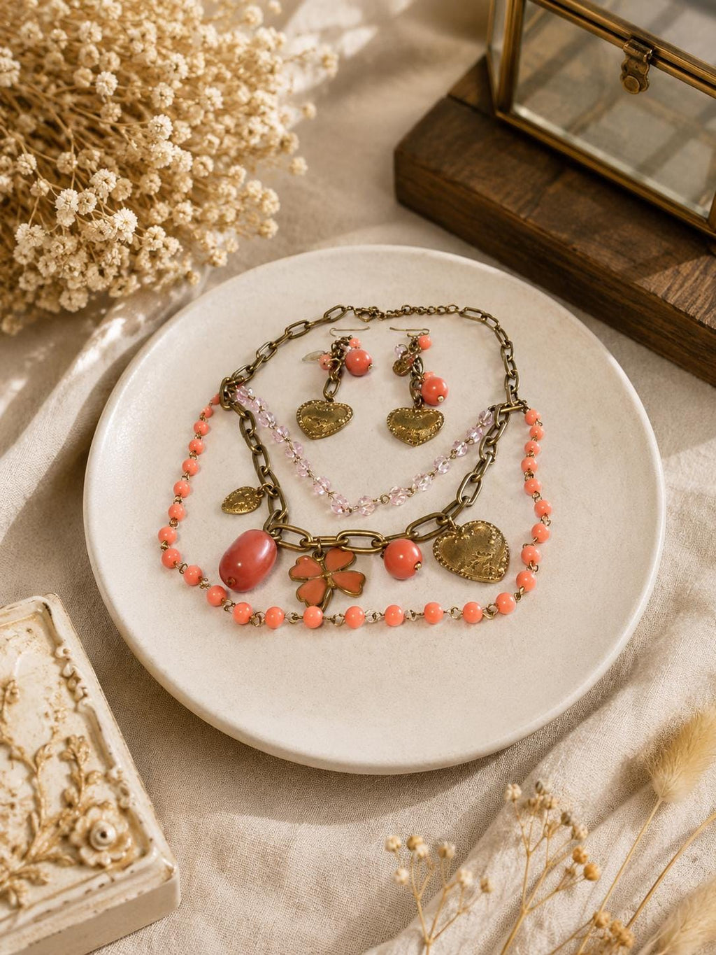 Coral Pink Beaded Statement Necklace & Earrings Set Antique Gold Hearts Clover