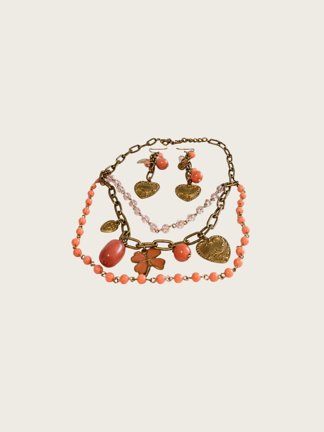 Coral Pink Beaded Statement Necklace & Earrings Set Antique Gold Hearts Clover