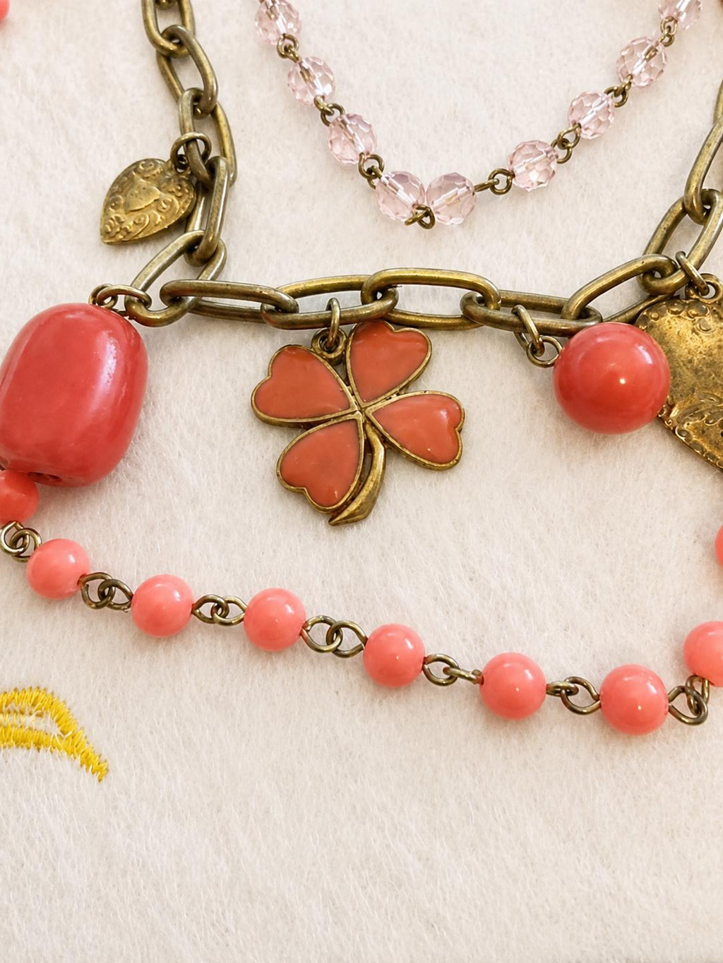Coral Pink Beaded Statement Necklace & Earrings Set Antique Gold Hearts Clover
