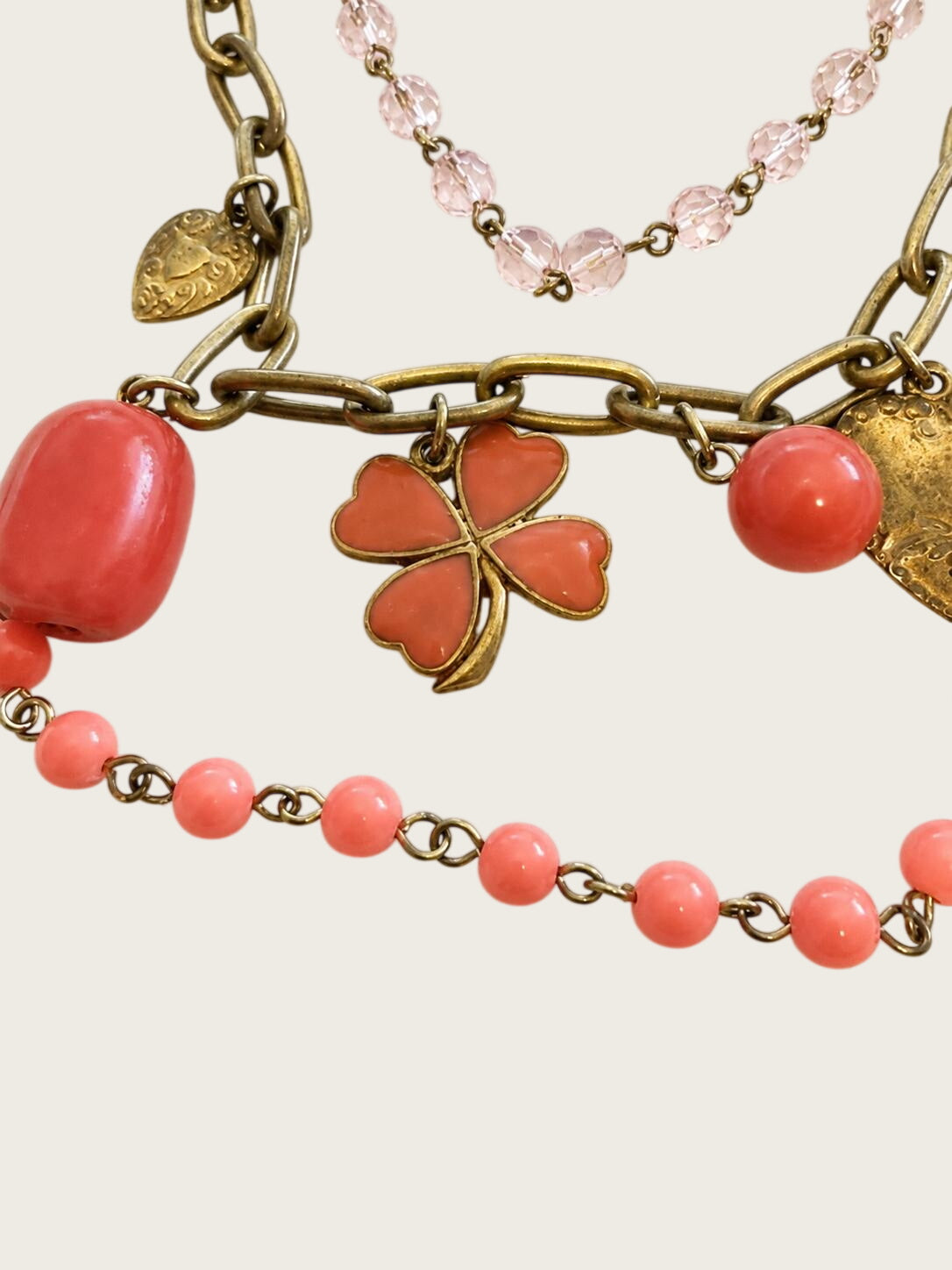 Coral Pink Beaded Statement Necklace & Earrings Set Antique Gold Hearts Clover